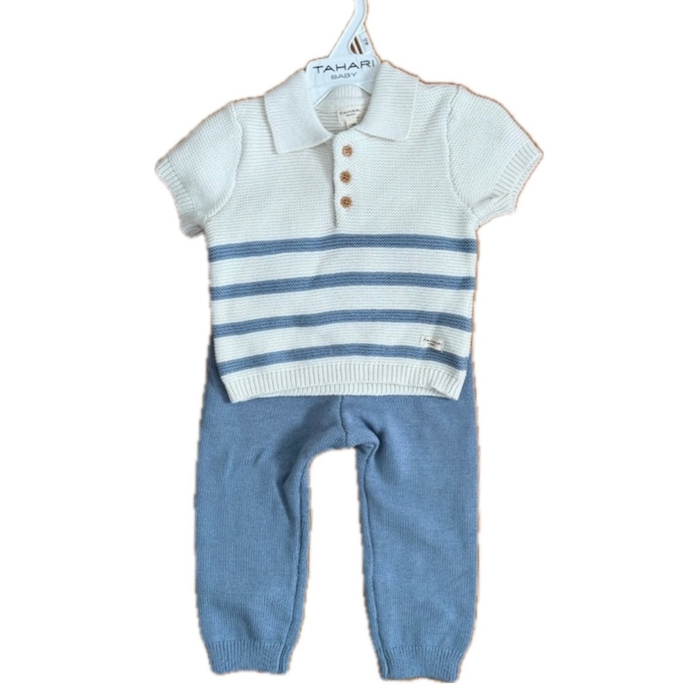 Tahari Baby Boy 2 Piece Blue Stripe Sweater Outfit